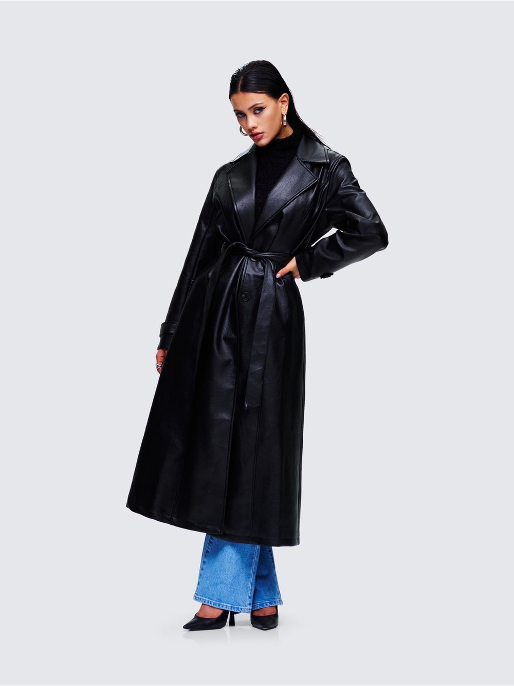 Finesse Ara Black Vegan Leather Coat Long Black Trench Coat w Self-Tie Belt CR16